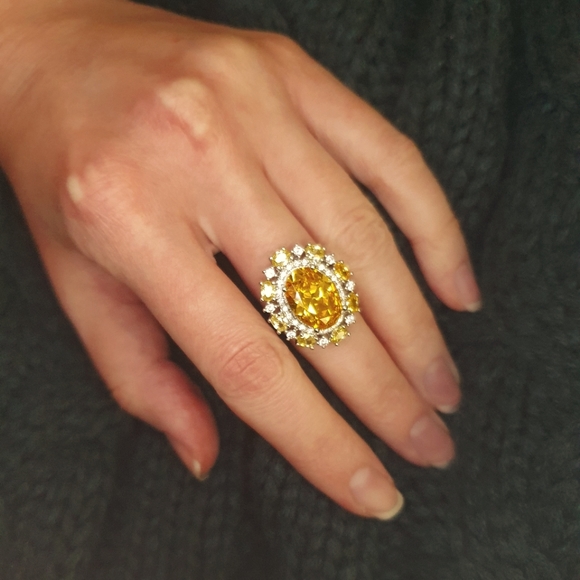 New Silver Round Amber Diamond Adjustable Ring - Picture 4 of 4